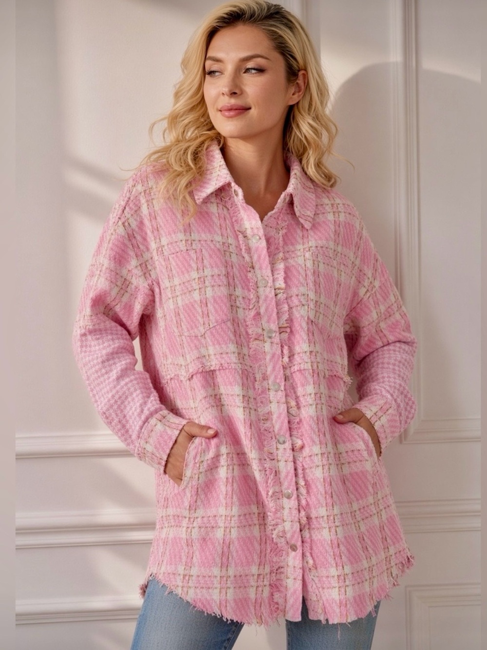 🍁”Tweed Me Alone” Pink Plaid Craft Distressed Houndstooth - Picture 11 of 17